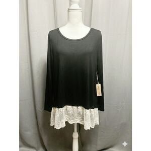 Plus Size 2X Black Stretchy Paper + Tee Lace Hem Top Shirt Soft Curvy Fit